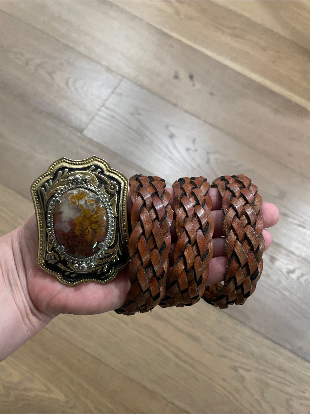 BEAUTIFUL! Vintage Brown Braided Leather Belt with Agate Stone Buckle - Picture 2 of 11